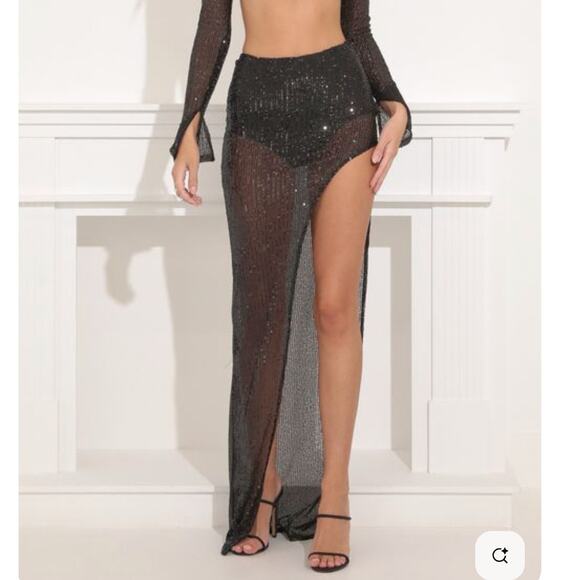 LUCY IN THE SKY | Doja Sheer Black Sequin Maxi Skirt with Leg Slit | Extra Small - Picture 1 of 8